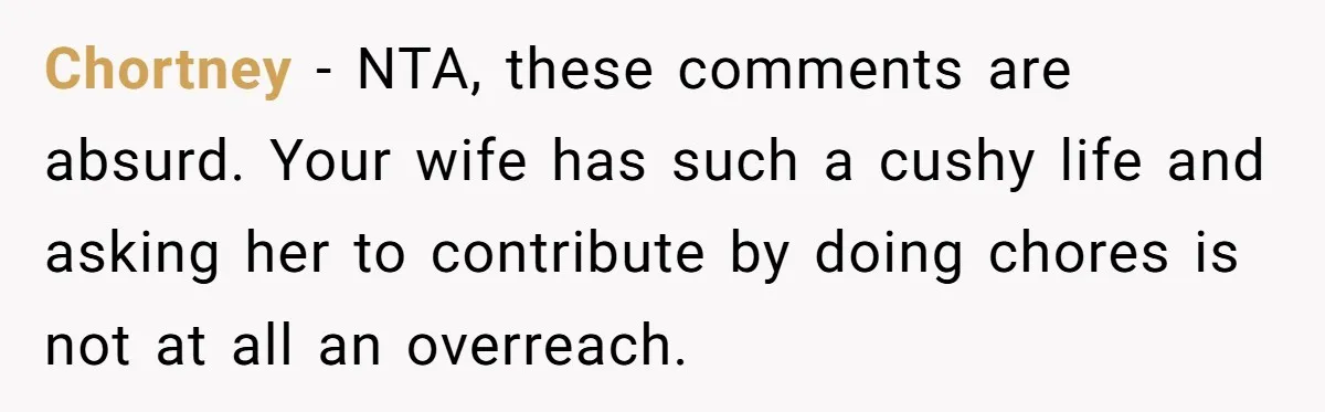 Chortney - NTA, these comments are absurd. Your wife has such a cushy life and asking her to contribute by doing chores is not at all an overreach.