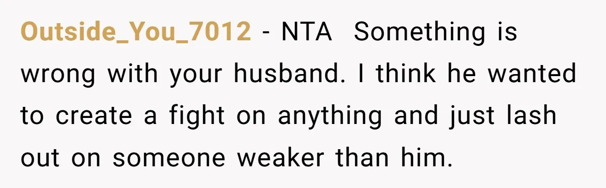 Outside_You_7012 − NTA  Something is wrong with your husband. I think he wanted to create a fight on anything and just lash out on someone weaker than him.