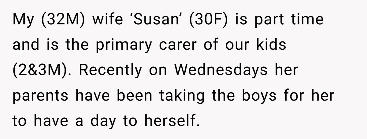 My (32M) wife ‘Susan’ (30F) is part time and is the primary carer of our kids (2&3M). Recently on Wednesdays her parents have been taking the boys for her to...