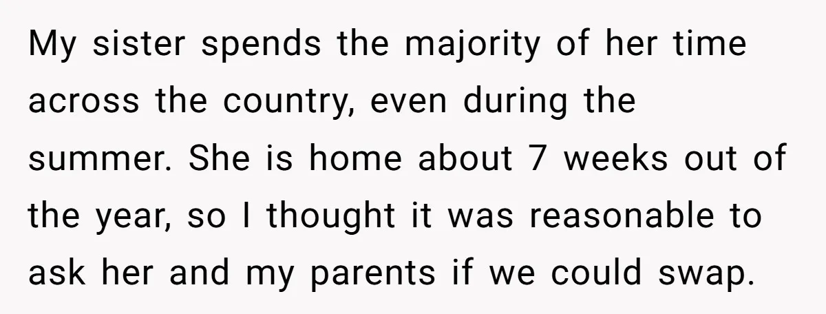 My sister spends the majority of her time across the country, even during the summer. She is home about 7 weeks out of the year, so I thought it was...