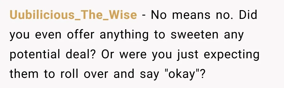 Uubilicious_The_Wise − No means no. Did you even offer anything to sweeten any potential deal? Or were you just expecting them to roll over and say "okay"?