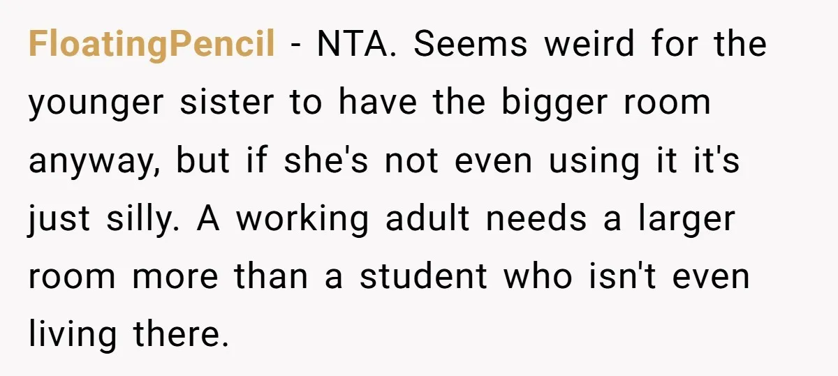 FloatingPencil − NTA. Seems weird for the younger sister to have the bigger room anyway, but if she's not even using it it's just silly. A working adult needs a...