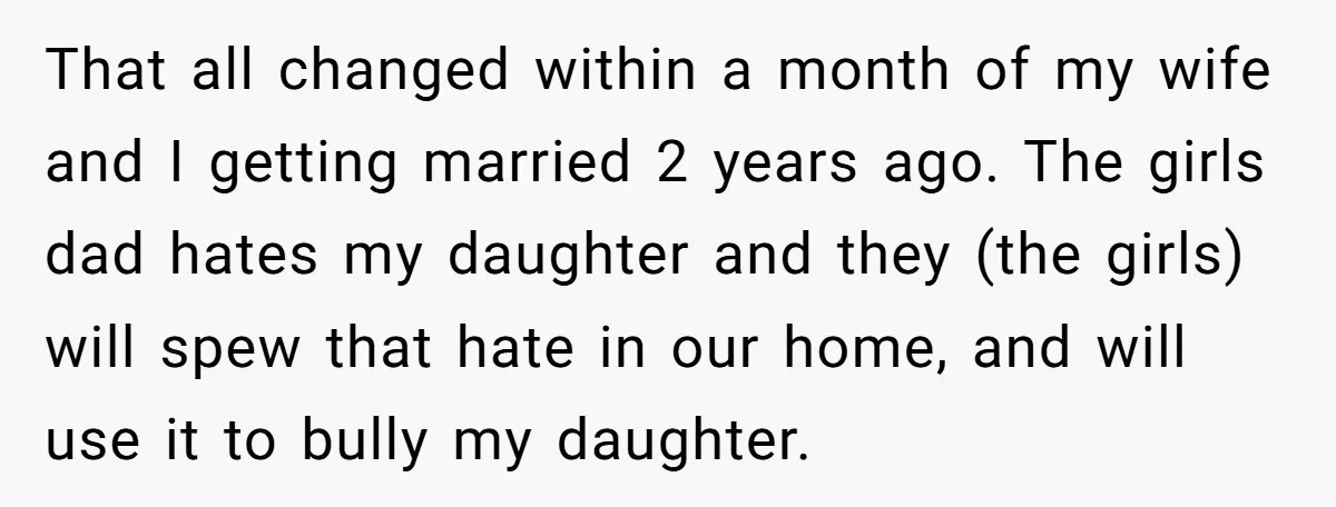 That all changed within a month of my wife and I getting married 2 years ago. The girls dad hates my daughter and they (the girls) will spew that hate...