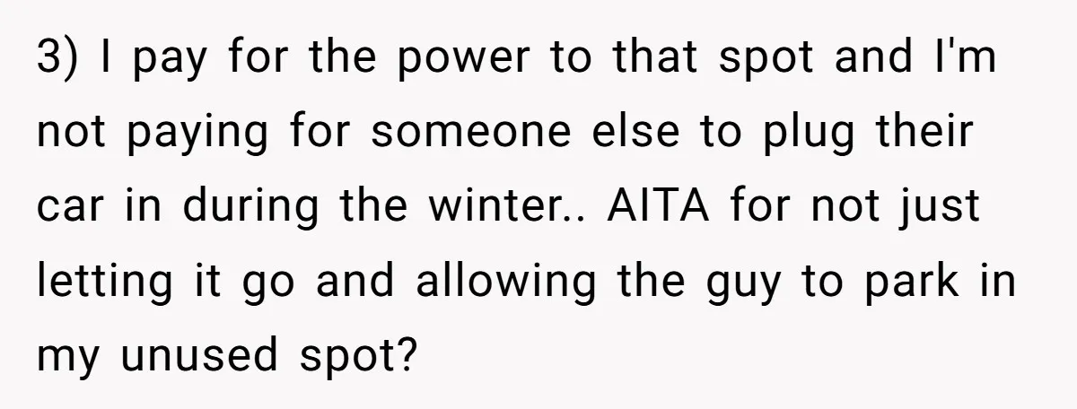 3) I pay for the power to that spot and I'm not paying for someone else to plug their car in during the winter.. AITA for not just letting it...