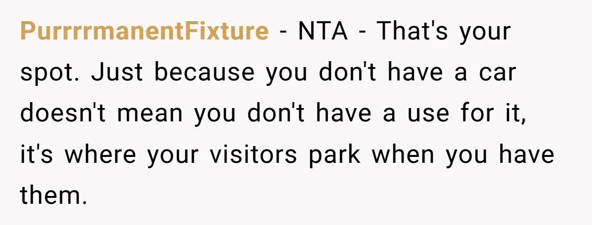 PurrrrmanentFixture − NTA - That's your spot. Just because you don't have a car doesn't mean you don't have a use for it, it's where your visitors park when you...