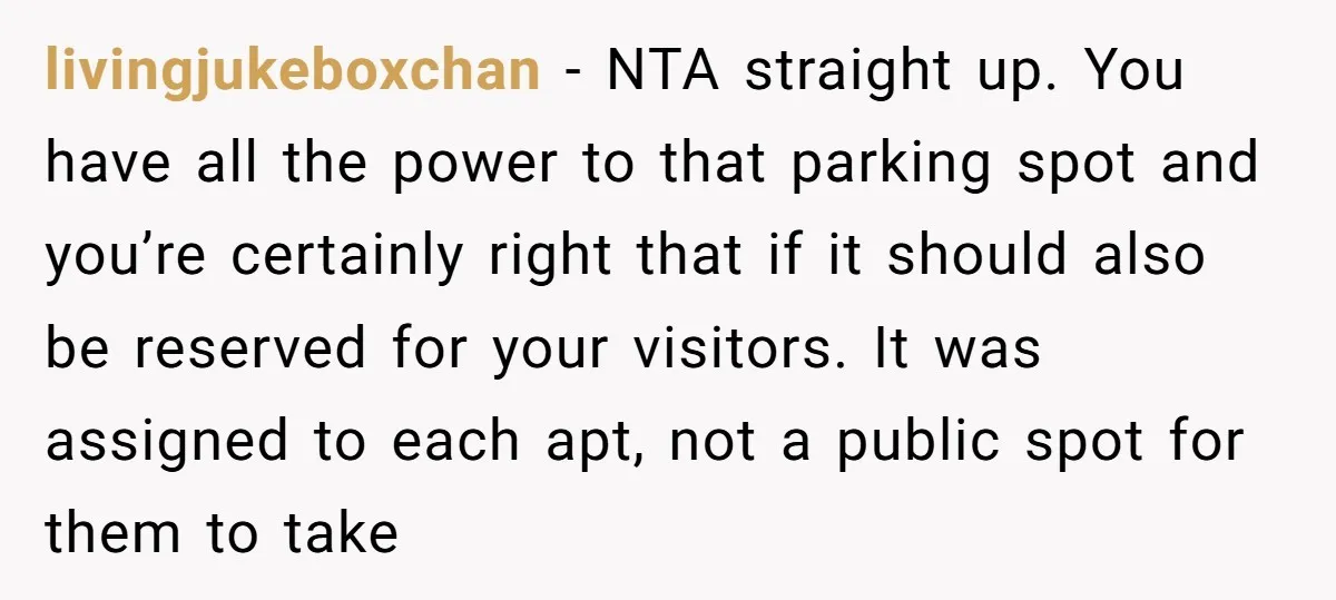 livingjukeboxchan − NTA straight up. You have all the power to that parking spot and you’re certainly right that if it should also be reserved for your visitors. It was...