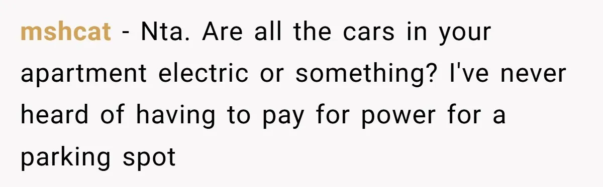 mshcat − Nta. Are all the cars in your apartment electric or something? I've never heard of having to pay for power for a parking spot