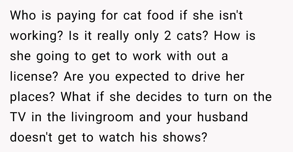 Who is paying for cat food if she isn't working? Is it really only 2 cats? How is she going to get to work with out a license? Are you...