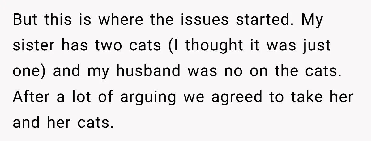 But this is where the issues started. My sister has two cats (I thought it was just one) and my husband was no on the cats. After a lot of...