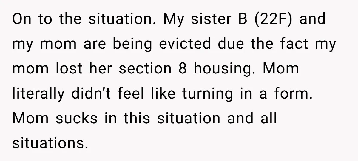 On to the situation. My sister B (22F) and my mom are being evicted due the fact my mom lost her section 8 housing. Mom literally didn’t feel like turning...