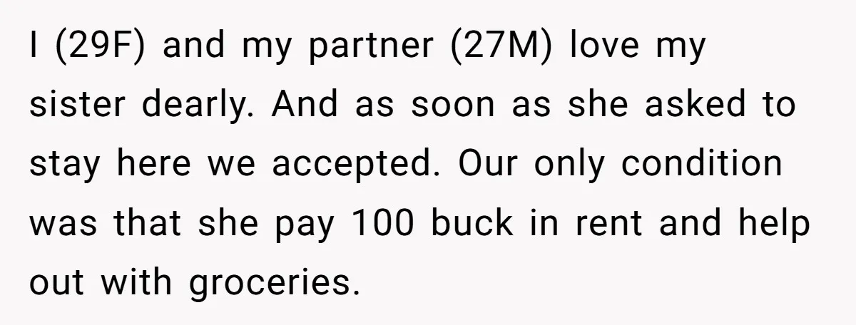 I (29F) and my partner (27M) love my sister dearly. And as soon as she asked to stay here we accepted. Our only condition was that she pay 100 buck...