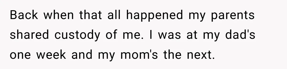 Back when that all happened my parents shared custody of me. I was at my dad's one week and my mom's the next.