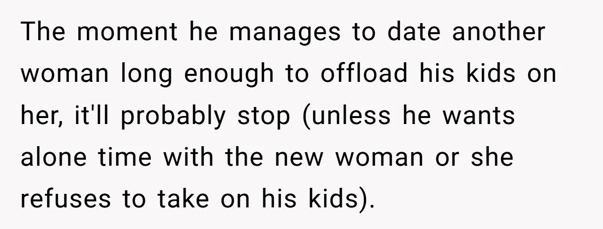The moment he manages to date another woman long enough to offload his kids on her, it'll probably stop (unless he wants alone time with the new woman or she...