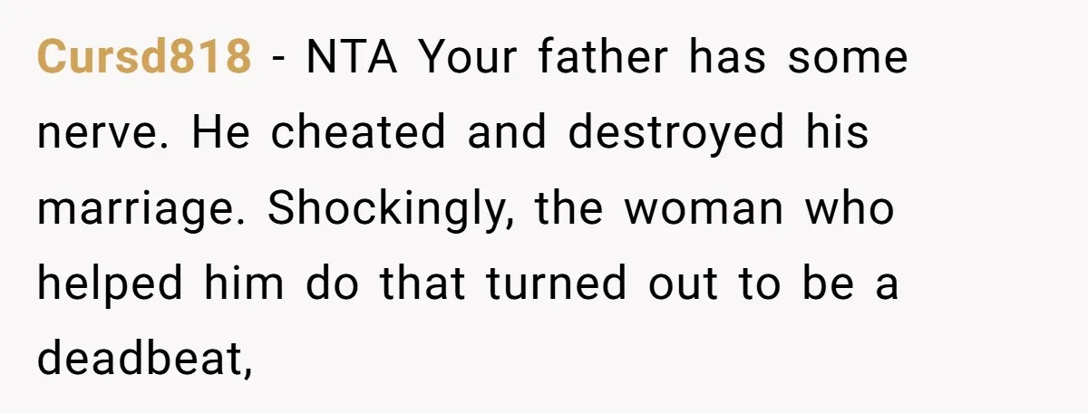 Cursd818 − NTA Your father has some nerve. He cheated and destroyed his marriage. Shockingly, the woman who helped him do that turned out to be a deadbeat,