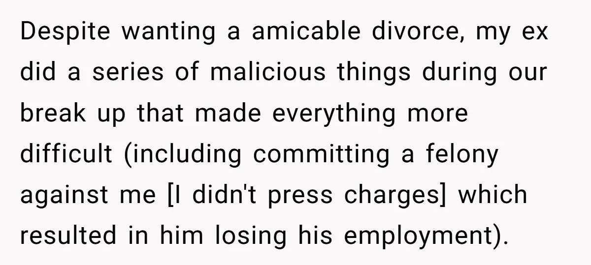 Despite wanting a amicable divorce, my ex did a series of malicious things during our break up that made everything more difficult (including committing a felony against me [I didn't...