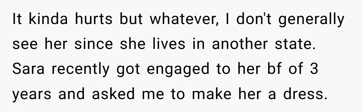 It kinda hurts but whatever, I don't generally see her since she lives in another state. Sara recently got engaged to her bf of 3 years and asked me to...