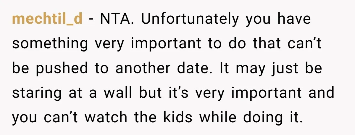 mechtil_d − NTA. Unfortunately you have something very important to do that can’t be pushed to another date. It may just be staring at a wall but it’s very important...