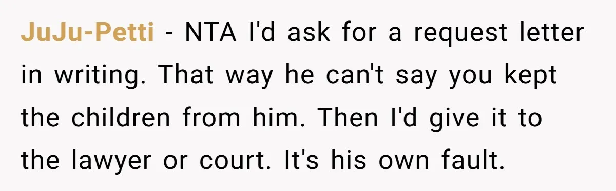 JuJu-Petti − NTA I'd ask for a request letter in writing. That way he can't say you kept the children from him. Then I'd give it to the lawyer or...