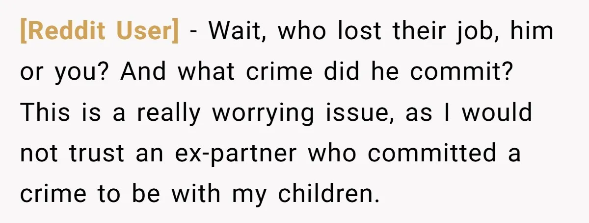 [Reddit User] − Wait, who lost their job, him or you? And what crime did he commit? This is a really worrying issue, as I would not trust an ex-partner...