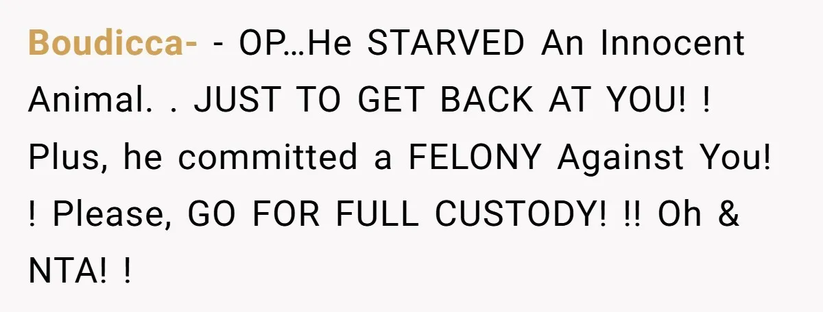 Boudicca- − OP…He STARVED An Innocent Animal. . JUST TO GET BACK AT YOU! ! Plus, he committed a FELONY Against You! ! Please, GO FOR FULL CUSTODY! !! Oh...