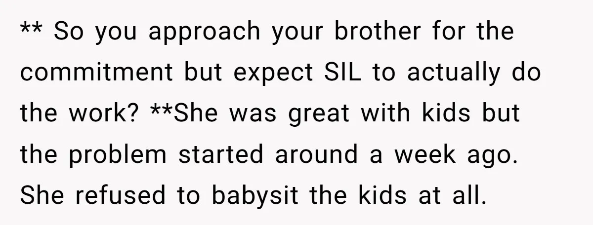 ** So you approach your brother for the commitment but expect SIL to actually do the work? **She was great with kids but the problem started around a week ago....