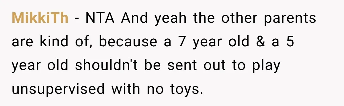 MikkiTh − NTA And yeah the other parents are kind of, because a 7 year old & a 5 year old shouldn't be sent out to play unsupervised with no...