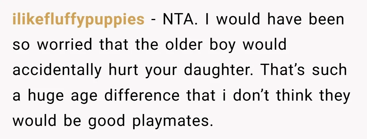 ilikefluffypuppies − NTA. I would have been so worried that the older boy would accidentally hurt your daughter. That’s such a huge age difference that i don’t think they would...