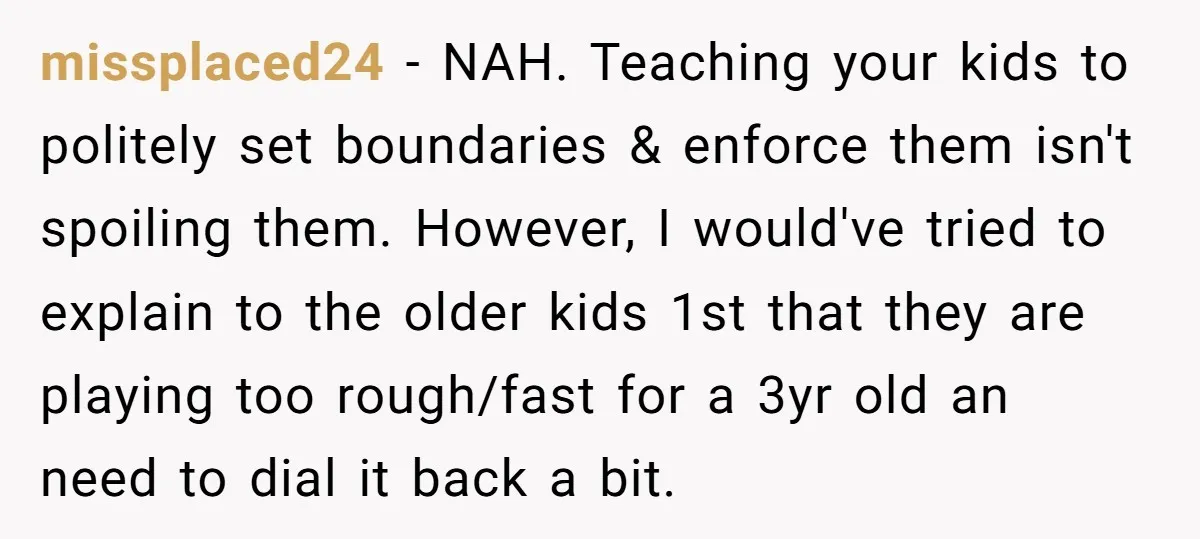 missplaced24 − NAH. Teaching your kids to politely set boundaries & enforce them isn't spoiling them. However, I would've tried to explain to the older kids 1st that they are...