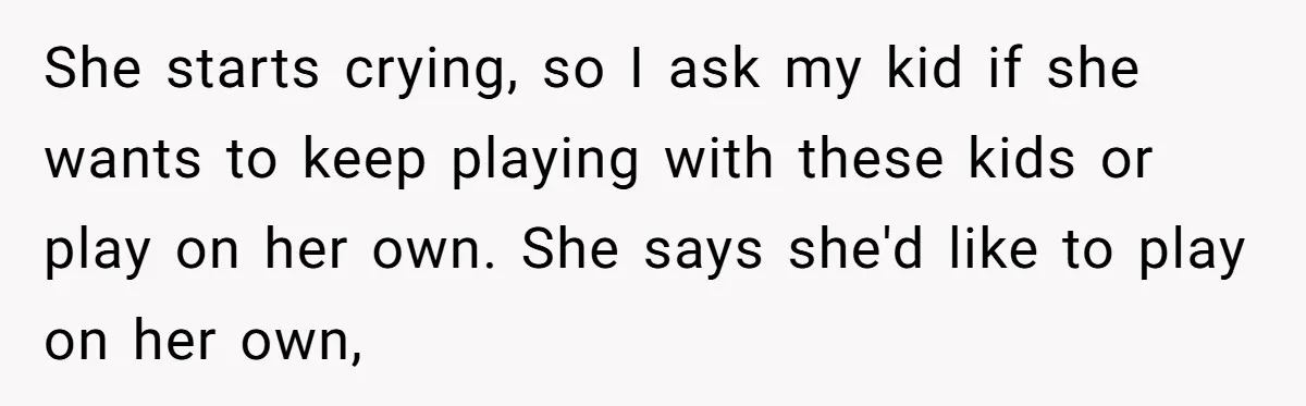 She starts crying, so I ask my kid if she wants to keep playing with these kids or play on her own. She says she'd like to play on her...