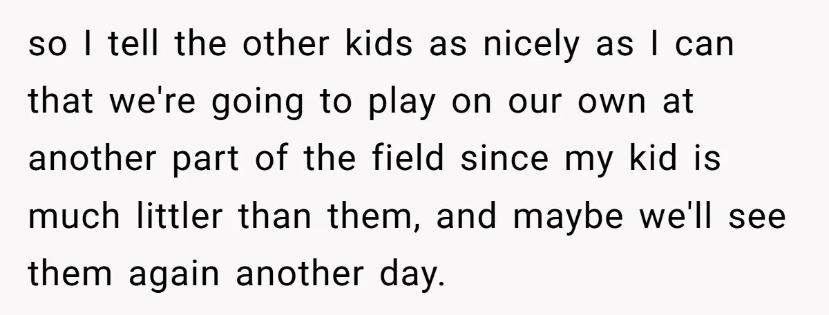so I tell the other kids as nicely as I can that we're going to play on our own at another part of the field since my kid is much...