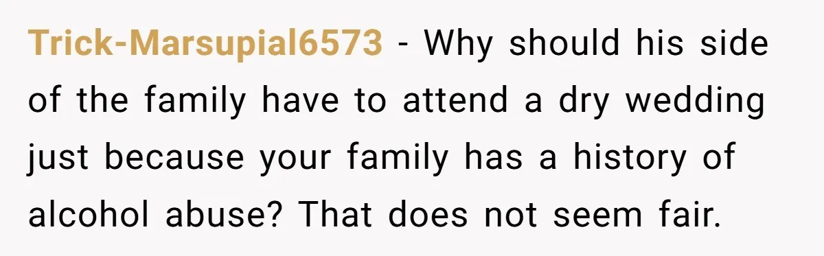 Trick-Marsupial6573 − Why should his side of the family have to attend a dry wedding just because your family has a history of alcohol abuse? That does not seem fair.