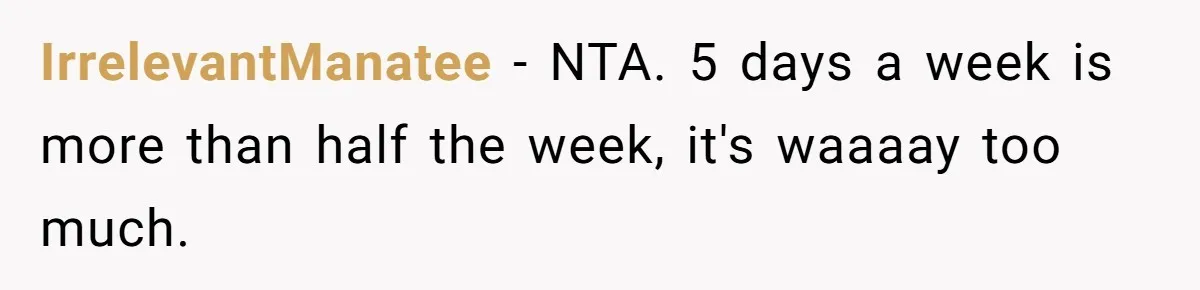 IrrelevantManatee − NTA. 5 days a week is more than half the week, it's waaaay too much.