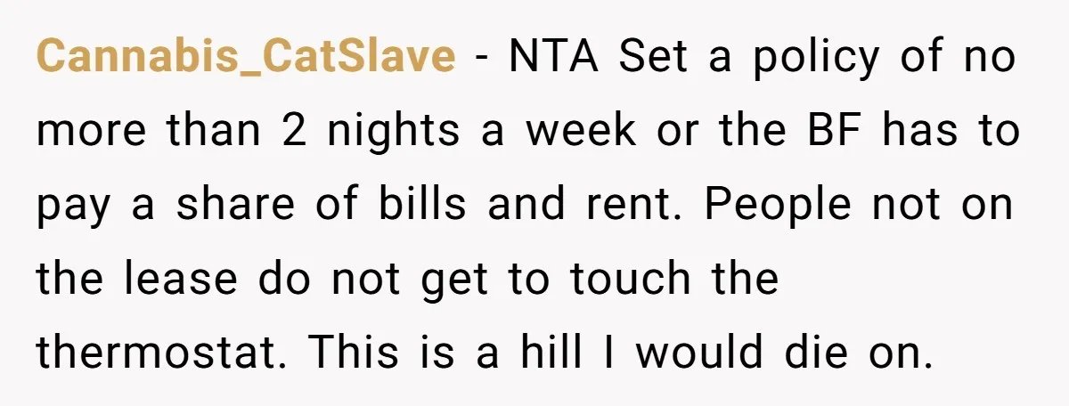 Cannabis_CatSlave − NTA Set a policy of no more than 2 nights a week or the BF has to pay a share of bills and rent. People not on the...