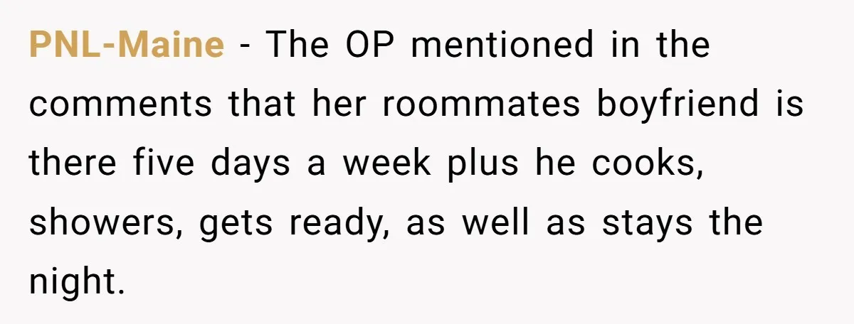 PNL-Maine − The OP mentioned in the comments that her roommates boyfriend is there five days a week plus he cooks, showers, gets ready, as well as stays the night.