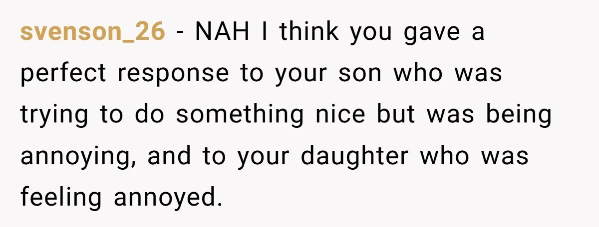 svenson_26 − NAH I think you gave a perfect response to your son who was trying to do something nice but was being annoying, and to your daughter who was...
