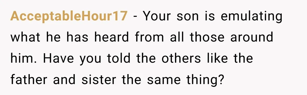 AcceptableHour17 − Your son is emulating what he has heard from all those around him. Have you told the others like the father and sister the same thing?
