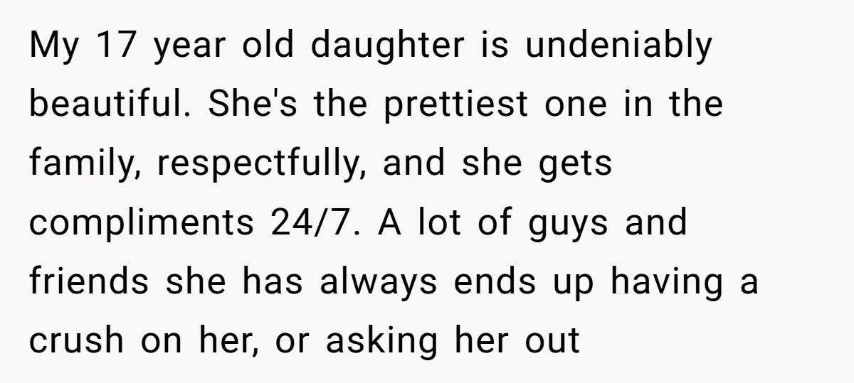 My 17 year old daughter is undeniably beautiful. She's the prettiest one in the family, respectfully, and she gets compliments 24/7. A lot of guys and friends she has always...