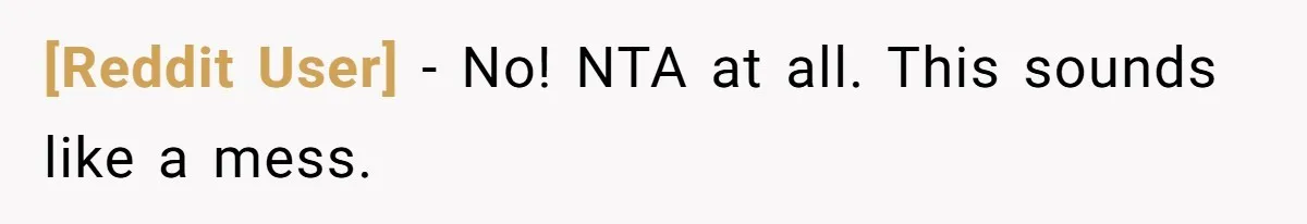 [Reddit User] - No! NTA at all. This sounds like a mess.