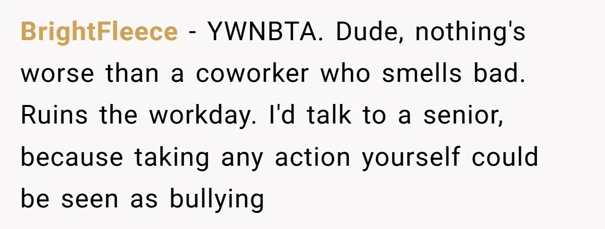 BrightFleece − YWNBTA. Dude, nothing's worse than a coworker who smells bad. Ruins the workday. I'd talk to a senior, because taking any action yourself could be seen as bullying