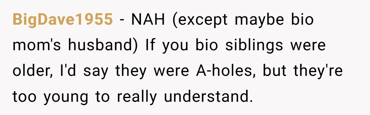 BigDave1955 − NAH (except maybe bio mom's husband) If you bio siblings were older, I'd say they were A-holes, but they're too young to really understand.