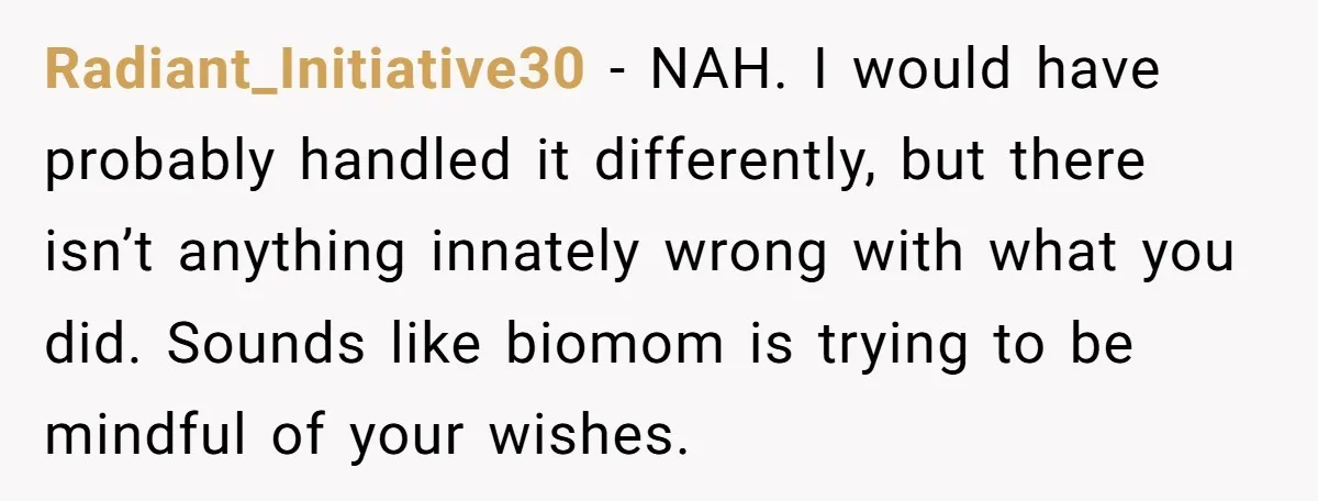 Radiant_Initiative30 − NAH. I would have probably handled it differently, but there isn’t anything innately wrong with what you did. Sounds like biomom is trying to be mindful of your...