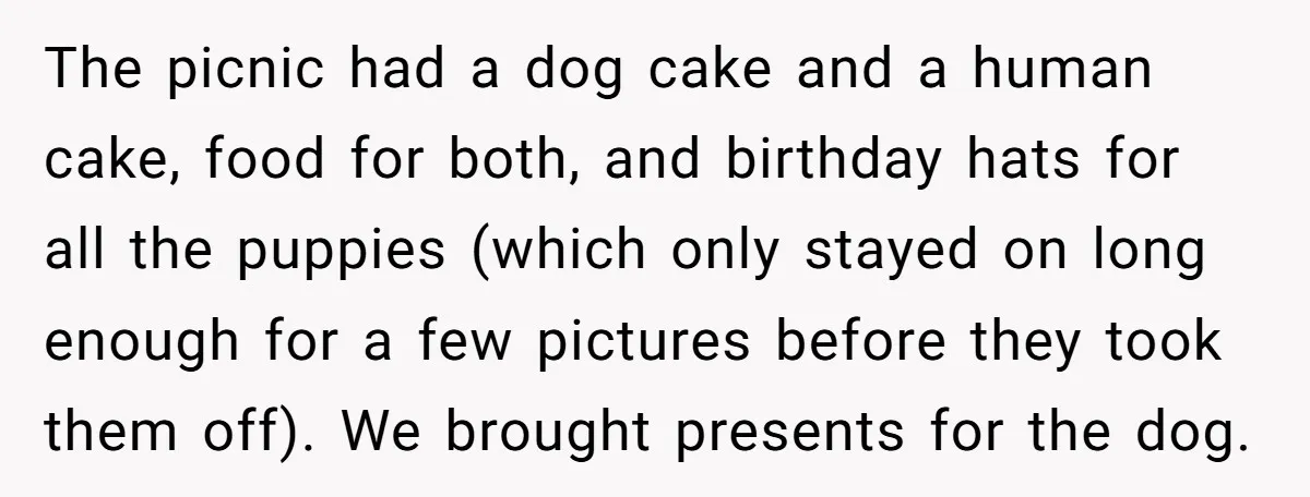 The picnic had a dog cake and a human cake, food for both, and birthday hats for all the puppies (which only stayed on long enough for a few pictures...