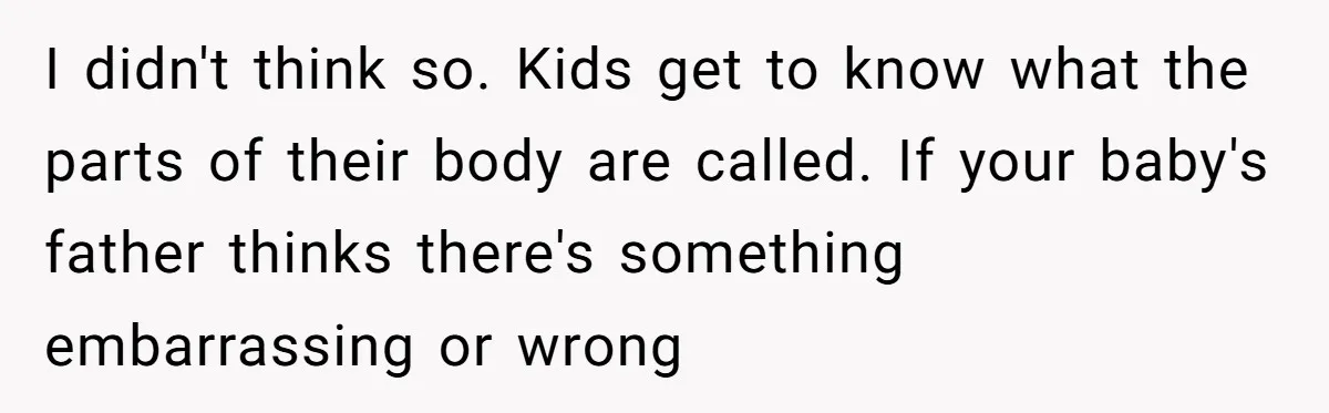 I didn't think so. Kids get to know what the parts of their body are called. If your baby's father thinks there's something embarrassing or wrong