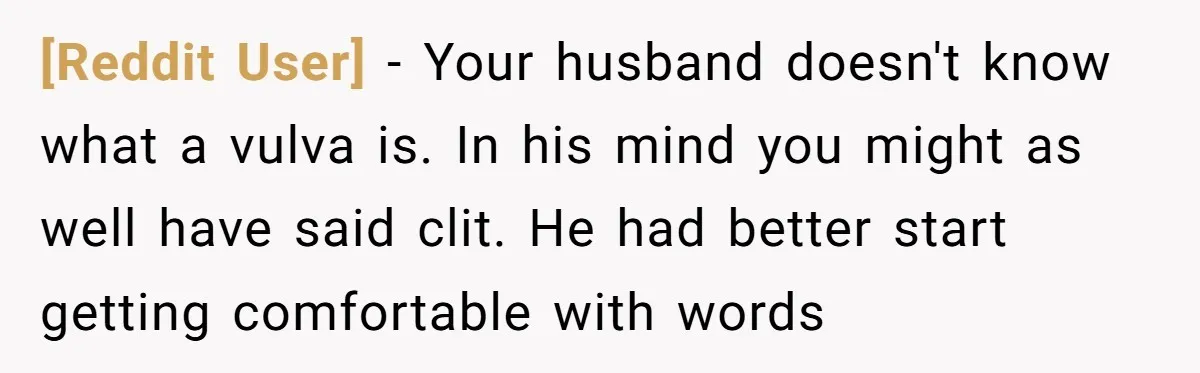 [Reddit User] − Your husband doesn't know what a vulva is. In his mind you might as well have said clit. He had better start getting comfortable with words
