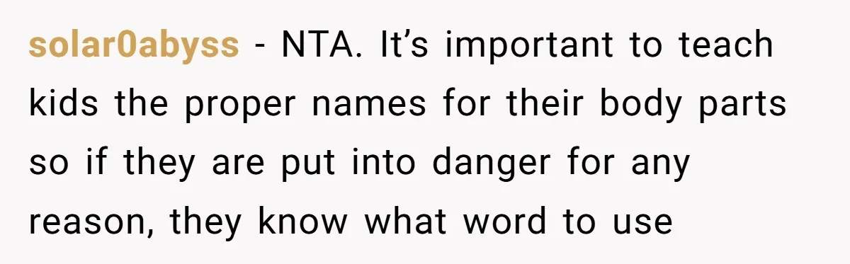 solar0abyss − NTA. It’s important to teach kids the proper names for their body parts so if they are put into danger for any reason, they know what word to...
