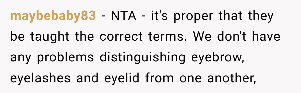 maybebaby83 − NTA - it's proper that they be taught the correct terms. We don't have any problems distinguishing eyebrow, eyelashes and eyelid from one another,