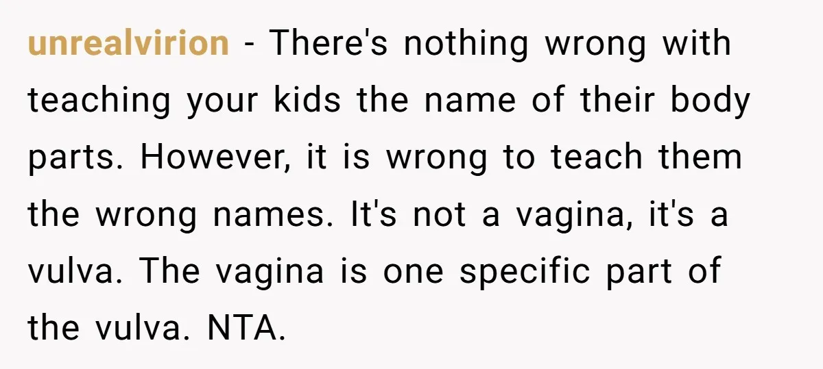 unrealvirion − There's nothing wrong with teaching your kids the name of their body parts. However, it is wrong to teach them the wrong names. It's not a vagina, it's...