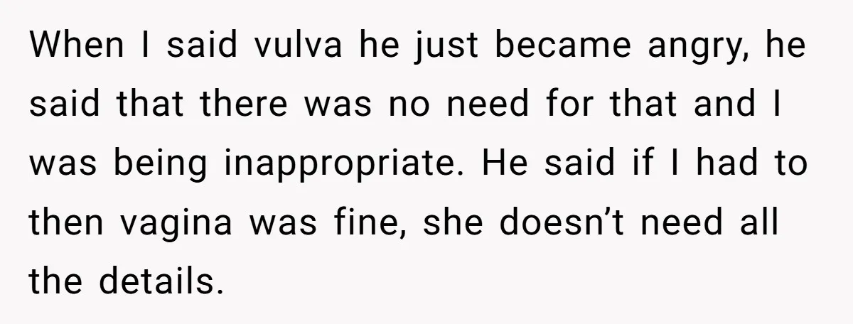 When I said vulva he just became angry, he said that there was no need for that and I was being inappropriate. He said if I had to then vagina...