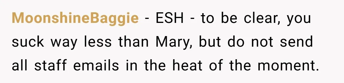 MoonshineBaggie - ESH - to be clear, you suck way less than Mary, but do not send all staff emails in the heat of the moment.