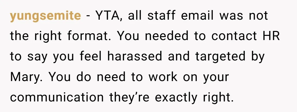 yungsemite - YTA, all staff email was not the right format. You needed to contact HR to say you feel harassed and targeted by Mary. You do need to work...